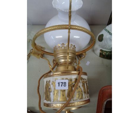 Grecian decorated hanging oil lamp with opaque glass shade