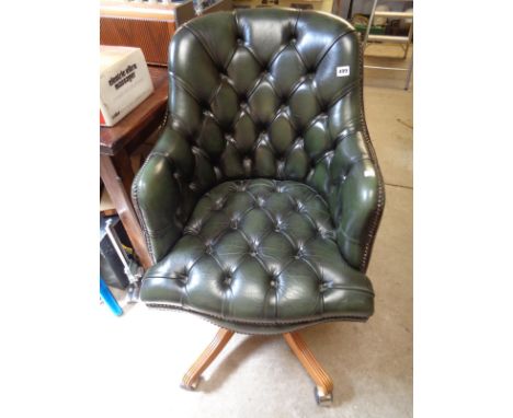 Good quality green leather button back elbow chair on wooden tripod base