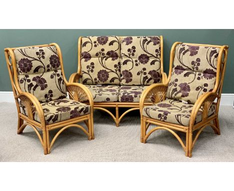 MODERN CANE CONSERVATORY SUITE - comprising two seater sofa, 101cms H, 121cms W, 80cms D and a pair of armchairs, 101cms H, 6