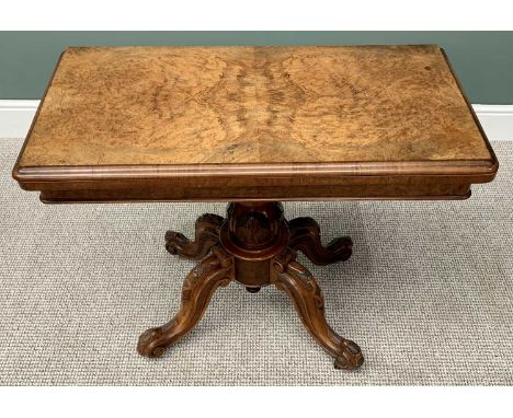 VICTORIAN BURR WALNUT FOLDOVER CARD TABLE - on a carved pedestal four footed base and brass castors, 75cms H, 92cms W, 45cms 