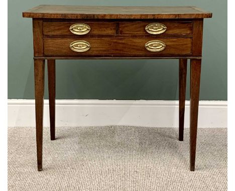 REGENCY MAHOGANY &amp; CROSSBANDED WALNUT THREE DRAWER PARLOUR TABLE - the two short and one long drawer having oval backplat