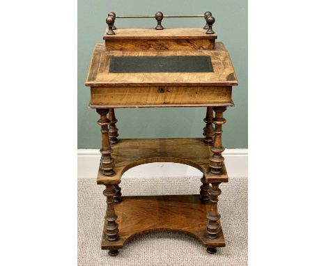 VICTORIAN FIGURED WALNUT DESKTOP TWO TIER STAND - the galleried top opening to reveal a fitted stationery interior, the slope