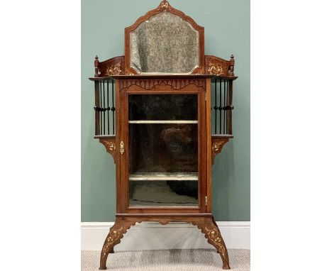 CIRCA 1900 MAHOGANY SIDE CABINET - with exotic inlays, having a shaped and bevelled edge mirror top with curved side panels a