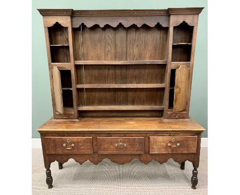 REPRODUCTION OAK SHROPSHIRE DRESSER - with dentil moulded cornice and shaped front frieze, over three central shelves, flanke