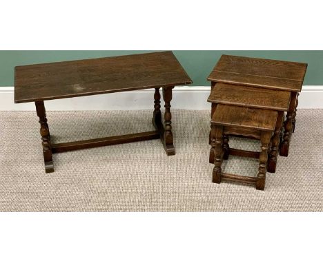 VINTAGE OAK PRIORY STYLE COFFEE TABLE - having turned and block supports, 47cms H, 92cms L, 46cms W &amp; A NEST OF THREE SID