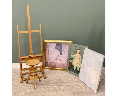 ARTIST'S ITEMS - light wood, adjustable and floorstanding easel, a rise and fall stool and three furnishing prints
