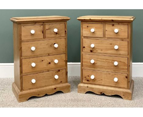 ANTIQUE STYLE REPRODUCTION PINE SMALL BEDSIDE CHESTS - a pair, having two short over three long drawers all having white cera