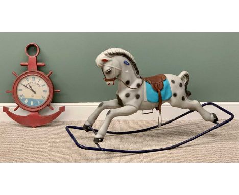 MID CENTURY MOULDED PLASTIC ROCKING HORSE - 80cms H, 130cms W, 43cms D &amp; A TIN SHIP'S WHEEL WITH ANCHOR WALL CLOCK - the 