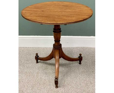 CIRCA 1830 MAHOGANY TILT TOP TRIPOD TABLE - having a 69cms diameter top, on a turned column base and three splayed supports w