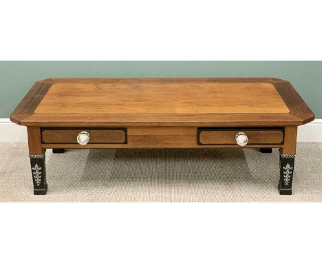 LARGE REPRODUCTION EMPIRE STYLE COFFEE TABLE - the cleated top with canted corners having two lower drawers with substantial 