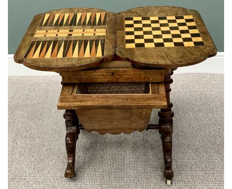 VICTORIAN BURR WALNUT &amp; INLAID GAMES/WORK TABLE - the shaped foldover top opening to reveal inlaid boards for chess/draug