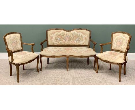 DRAWING ROOM SUITE - reproduction with tapestry style upholstery, comprising two seater sofa, 83cms H, 120cms W, 40cms D and 