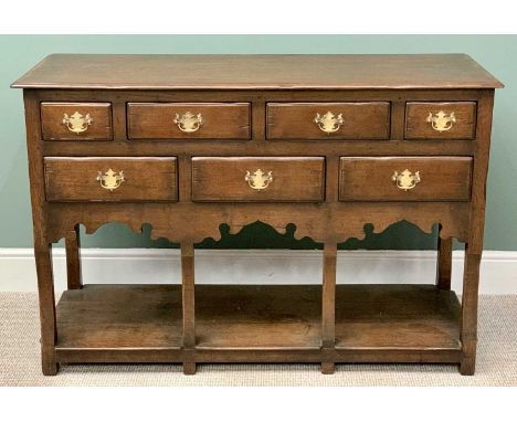 QUALITY REPRODUCTION OAK SHROPSHIRE POTBOARD DRESSER BASE - having seven oak lined opening drawers with fancy brass backplate