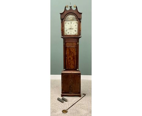 CIRCA 1820 BRASS INLAID MAHOGANY LONGCASE CLOCK - having an arched top country house painted dial, 18.5 x 33ins, set with Rom