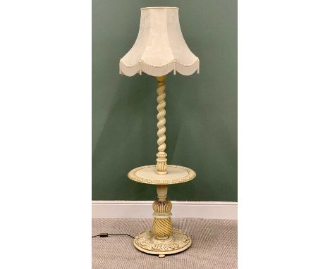 SUBSTANTIAL TWIST &amp; CARVED COLUMN FRENCH STYLE PAINTED STANDARD LAMP &amp; SHADE - having a near central incorporated cir