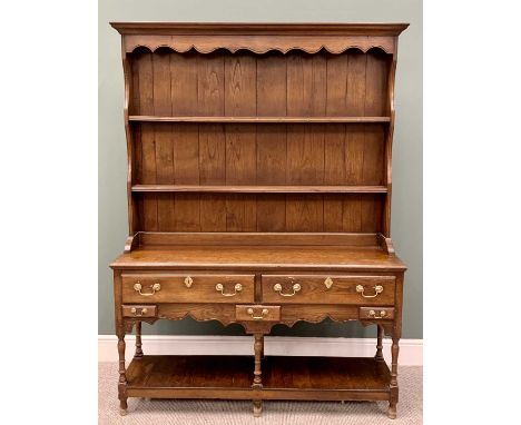 GOOD REPRODUCTION OAK POTBOARD DRESSER - having a shaped front frieze to a shape sided two shelf rack over a base section of 