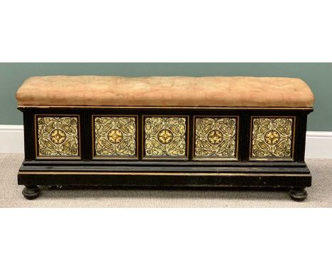 VICTORIAN EBONIZED WINDOW BOX SEAT - having a lift-off button upholstered seat pad, the five panel front section inset with l