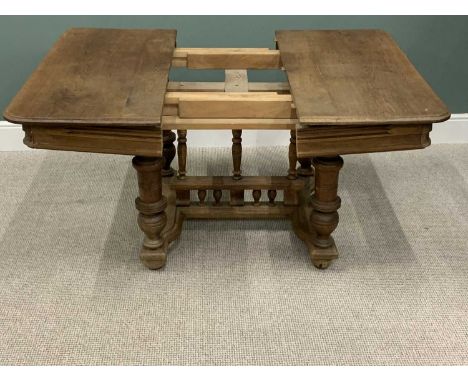 CONTINENTAL DRAW LEAF TABLE - vintage oak with spindle stretcher (no leaves), 74cms H, 104cms W, 110cms D