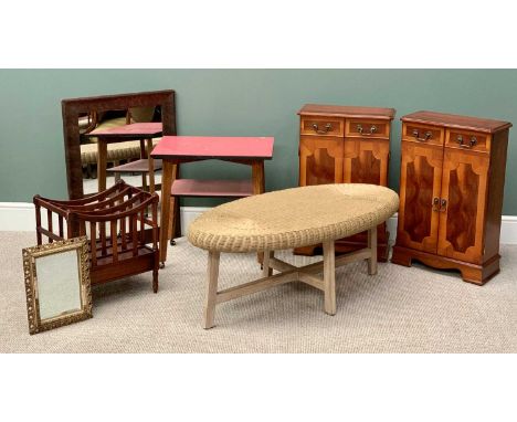 VINTAGE &amp; LATER FURNITURE PARCEL (7) - to include a leather effect wall mirror, 85 x 65cms, wicker top coffee table, 46cm