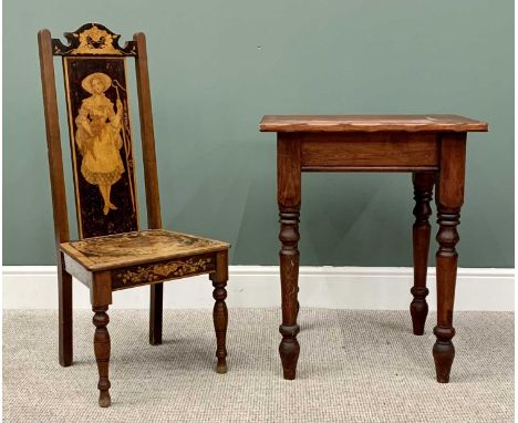 CIRCA 1900 ARTS &amp; CRAFTS STYLE NURSING CHAIR - having stained stencil type details, the back panel depicting an image of 