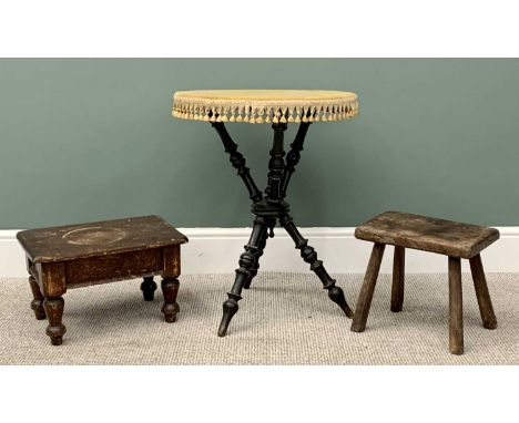 VICTORIAN EBONIZED GYPSY TABLE - 67cms H, 54cms diameter &amp; TWO VINTAGE STOOLS - 31cms H, 35cms W, 21cms D (the largest)