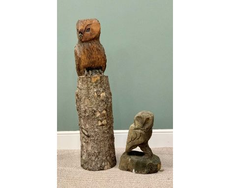 TWO CARVED WOODEN OWL GARDEN ORNAMENTS - one seated on a natural trunk, 110cms H, the other fully carved, 48cms H