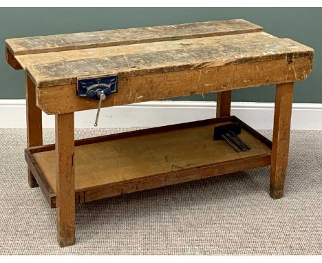 VINTAGE WORKBENCH WITH VICE - on block supports with lower shelf, 71cms H, 122cms W, 61cms D