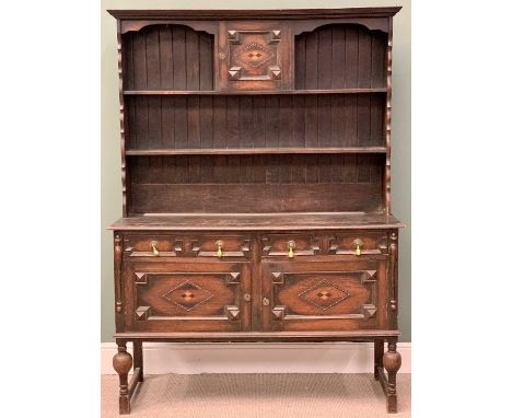 EARLY 20th CENTURY OAK DRESSER - Jacobean style with two shelf rack with top central cupboard over a base of two drawers and 