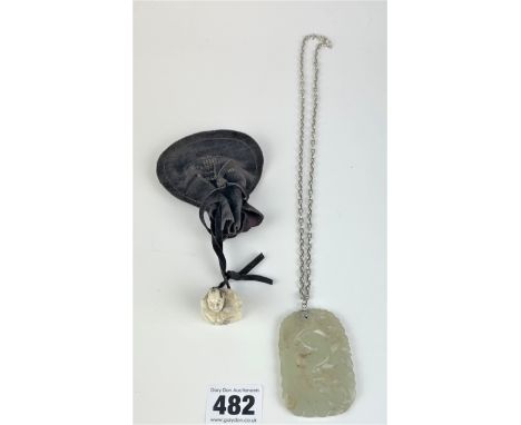 Silver chain (w: 0.3 ozt) with jade type pendant and signed Buddha netsuke