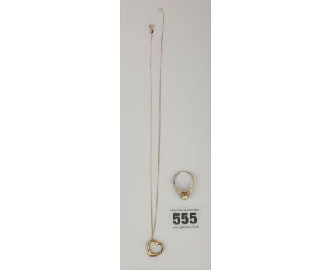 9k gold thin necklace 18” long with heart pendant and 9k gold and pearl ring size R, total w: 2.7 gms