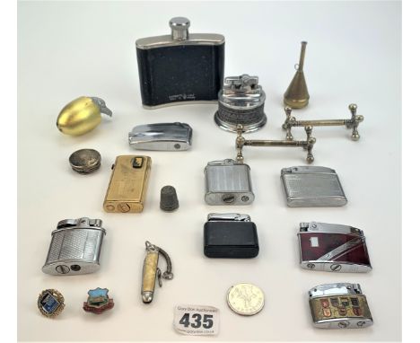 Assorted items including hip flask, 10 lighters, penknife, badges, thimble etc.