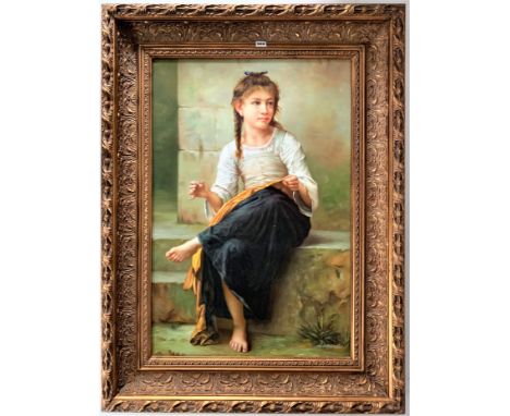 Oil on canvas of girl sewing with black skirt and white blouse, signed Zhangzikai. Image 24” x 36”, frame 34” x 46”