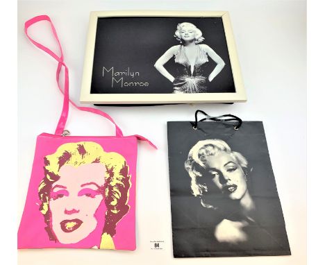 Marilyn Monroe lap tray (17” x 13.5”), Marilyn Monroe paper bag and Marilyn by Andy Warhol plastic shoulder bag