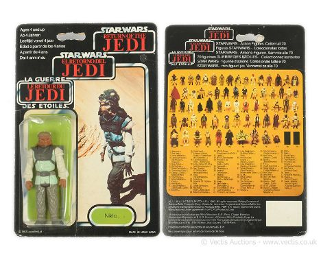 Palitoy Star Wars vintage Return of the Jedi Tri-Logo Nikto 3 3/4" figure, Mint, within Fair to Good (dented) bubble, upon Fa