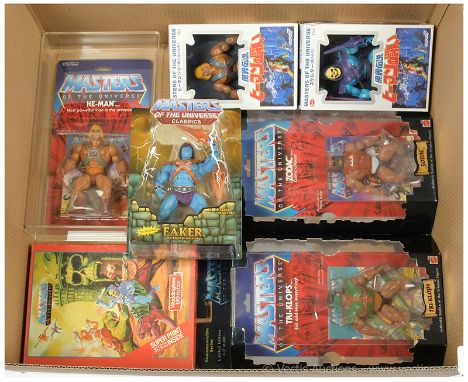Mattel and Japanese Super 7 re-issue Masters of the Universe figures x six includes, Commemorative Series He-man (within acry