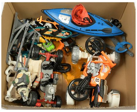 Quantity of Hasbro modern Action Man vehicles and accessories, including Arctic Explorer sled and dog, canoe, snowboard, spac