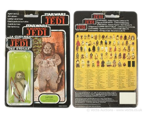 Palitoy Star Wars vintage Return of the Jedi Tri-Logo Lumat 3 3/4" figure, Mint, within Good (dented) bubble, upon Fair to Go