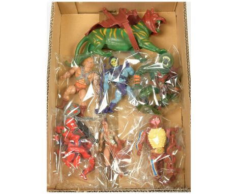 Mattel vintage Masters of the Universe figures x seven includes Battle Cat, He-Man, Skeletor, Leech, Modulok, Teela and Rattl