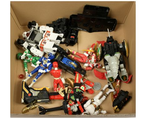 Quantity of Ban Dai Power Rangers large scale figures and robots, includes Red, Blue, Green and White Rangers, Fair to Good, 