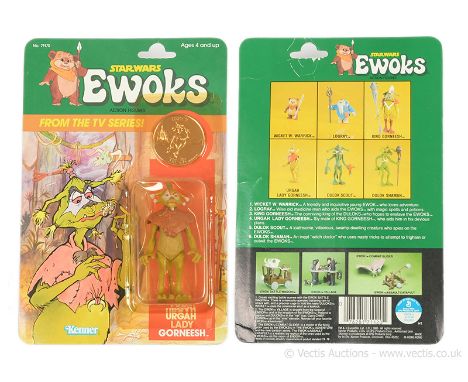 Kenner Star Wars vintage Ewoks cartoon Urgah Lady Gorneesh 3 3/4" figure, Mint, within Excellent (yellowed) bubble, upon Good