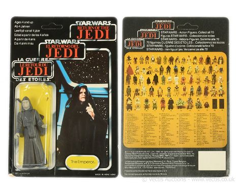 Palitoy Star Wars vintage Return of the Jedi Tri-Logo The Emperor 3 3/4" figure, Mint, within Good (dented) bubble, upon Good