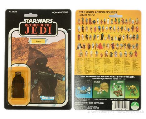 Kenner Star Wars vintage Return of the Jedi Jawa 3 3/4" figure, Mint, within Excellent (yellowed) bubble, upon Good Plus (min