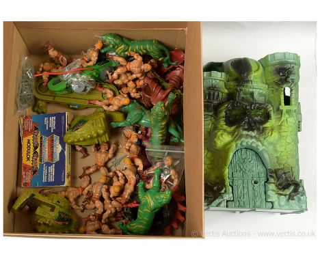 Quantity of Mattel vintage Masters of the Universe loose figures, vehicles and others, including He-Man, Castle Grayskull, Ro