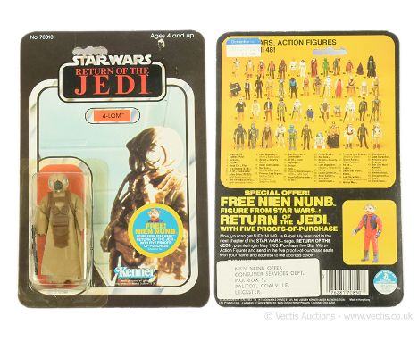 Kenner vintage Star Wars Return of the Jedi 4-LOM 3 3/4" figure, Mint, within Good Plus (yellowed, dented) bubble, upon Good 