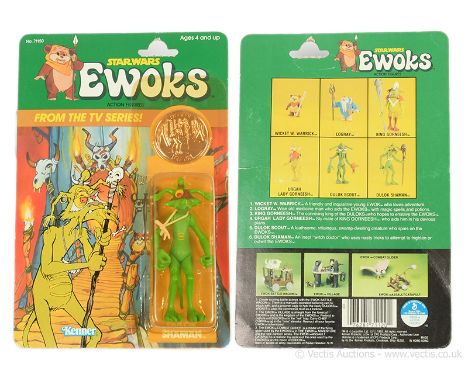 Kenner Star Wars vintage Ewoks cartoon Dulok Shaman 3 3/4" figure, Mint, within Excellent (yellowed) bubble, upon Good Plus (