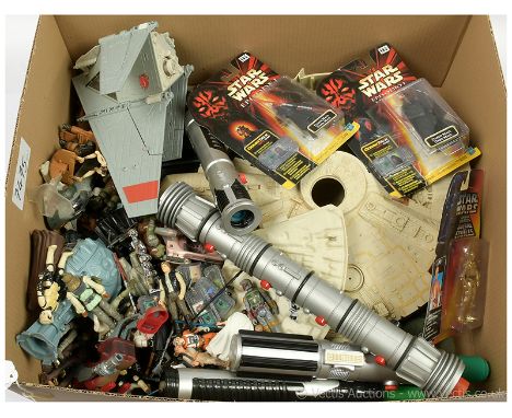 Quantity of vintage and modern Star Wars 3 3/4" figures, vehicles and lightsabers, figures include Boba Fett, C-3PO, Darth Va