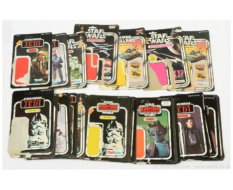 Large quantity of used 3 3/4" vintage figure and Die-cast vehicle backing cards including Palitoy 12 backs, Empire Strikes Ba