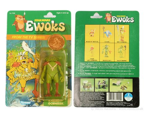 Kenner Star Wars vintage Ewoks cartoon King Gorneesh 3 3/4" figure, Mint, within Excellent (yellowed) bubble, upon Good Plus 