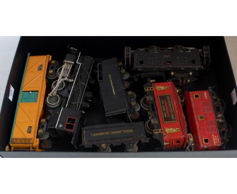 Five American Flyer and one other item; 0-6-0 switcher loco and tender black; 0-4-0 electric outline no. 3100 red, 0-4-0 elec