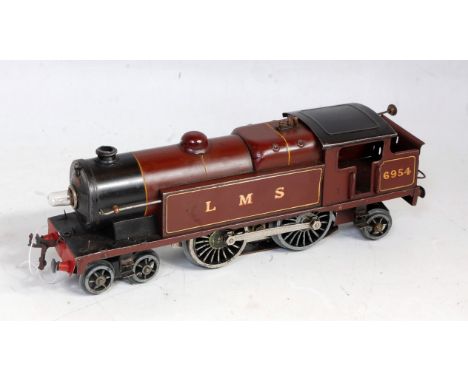 Hornby 1936/37 red LMS E220 20v AC fitted with SKATE pickup No. 6954 with shadowed serif LMS and number transfers, dent to of